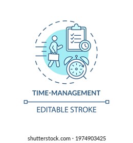Time management blue concept icon. Efficient work planning. Productivity at workplace. Self control idea thin line illustration. Vector isolated outline RGB color drawing. Editable stroke
