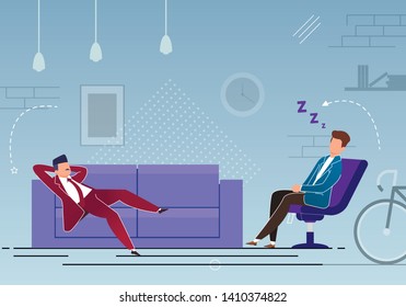 Time Management, Break in Work Cartoon, Flat. Man in Suit Came after Work and Went to Bed Sleep. Man from Fatigue Fell Asleep in Clothes Chair. Relaxation and Rest at Home. Vector Illustration.