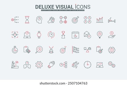 Time management for business achievements line icons set. Employee and office worker run, manage project with calendar and clock, hourglass thin black and red outline symbols vector illustration