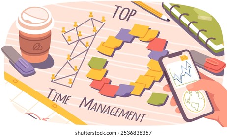 Histórico de negócios de gerenciamento de tempo. Vista superior de material de escritório na mesa, telefone celular na mão do gerente. Dez principais soluções de otimização. Ilustração de vetor plano de cartaz de conceito de eficiência de processo de trabalho