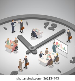 Time Management Business Concept. Group Of Businessman Working On A Big Clock. Isometric Illustration Vector.