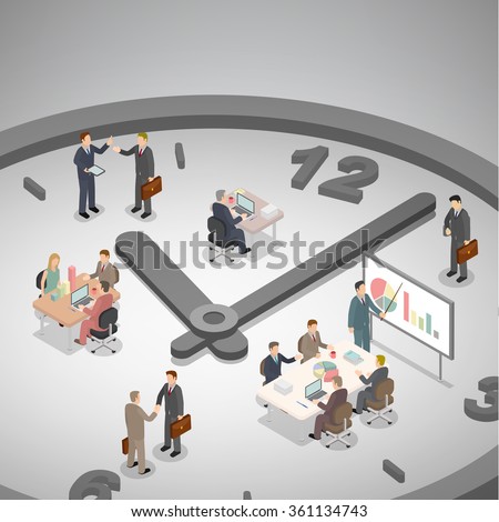 Time management business concept. Group of businessman working on a big clock. Isometric illustration vector.