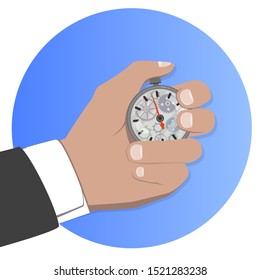 Time management business concept. A man's hand in a business suit with a stopwatch.