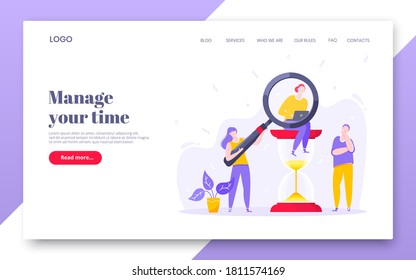 Time management business concept with tiny people, giant hourglass and magnifier symbol working on his laptop computer flat style design vector illustration. landing web page template.