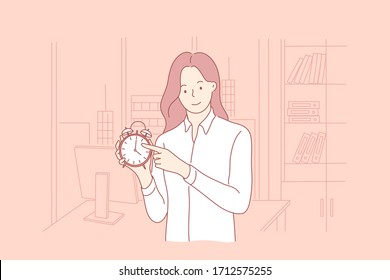 Time management, business concept. Young smiling businesswoman girl clerk manager cartoon character standing with alarm clock in office and looking at camera. Work delay, project deadline illustration