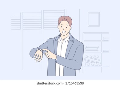 Time management, business concept. Young smiling businessman girl clerk manager cartoon character standing showing clocks in office and looking at camera. Work delay or project deadline illustration.