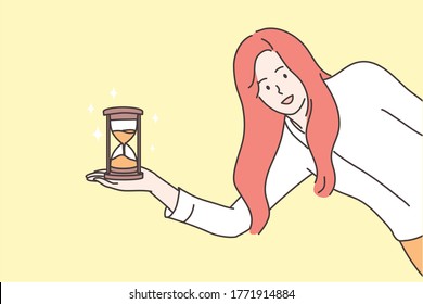 Time management, business concept. Young smiling businesswoman girl clerk manager cartoon character standing with sand glass clock and looking at camera. Work delay or project deadline illustration.