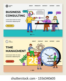 Time management and business consulting. People working with gadgets and data. Organization of working space. Workers on seminar with tutor. Website or webpage template, landing page flat style vector