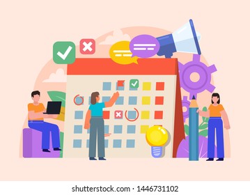 Time management, business daily planner concept. People stand near big calendar. Poster for social media, web page, banner, presentation.  Flat design vector illustration