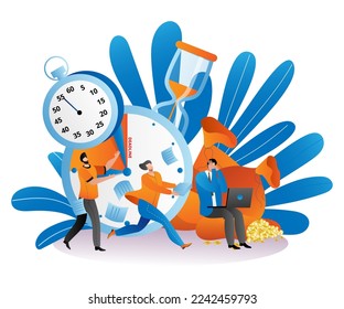 Time management with business deadline clock concept, vector illustration. Man woman person manager run near work timer, busy hours background.