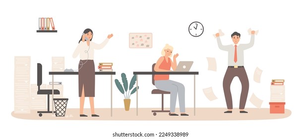 Gestión del tiempo con el concepto de reloj de plazo de negocios. Empleados hombres y mujeres que trabajan en la oficina con pánico. Hombre tirando documentos, mujer discutiendo por teléfono. Trabajador estresado con vector portátil