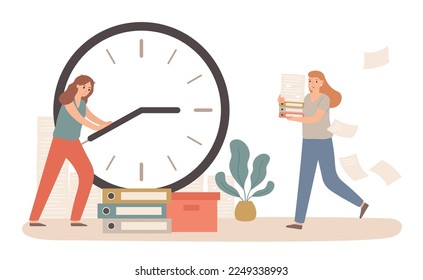 Zeitmanagement mit Business Deadline-Takt-Konzept. Frauen, die Wählpfeile halten, um die Zeit zu stoppen. Weibliche Angestellte, die mit einem Stapel von Ordnern und Dokumenten arbeiten. Menschen, die unter Druck arbeiten