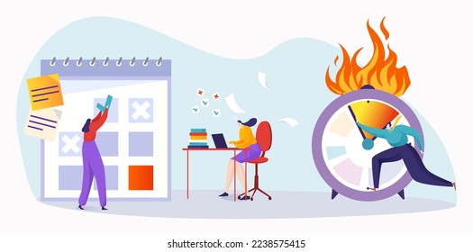 Time management to business deadline, vector illustration, flat tiny man character stop time at burning clock, woman work at laptop.