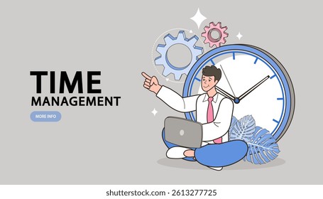 Time management and business efficiency concept. A successful professional man with a laptop controls his work schedule and planning process to achieve project goals.