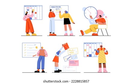 Time management, business planning with checklists, schedule, calendar and clock. Diverse people organize work and projects with to do list and plan, vector flat illustration