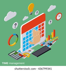 Time management, business planning, time control flat isometric vector concept illustration