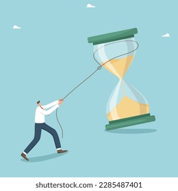 Time management and business planning, employee performance over a period of time, urgent work, meet project deadlines, multitasking, time is money, man knocking down an big hourglass.