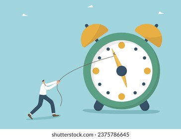 Time management and business planning, employee productivity for a certain period of time, urgent work, calendar schedule, meeting project deadlines, multitasking, man pulling back the clock hand.