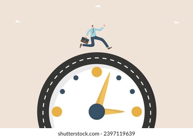 Time management and business planning, employee productivity for a certain period of time, urgent work, calendar schedule, meeting project deadlines, multitasking, man running on a clock like a road.