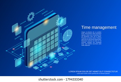 Gestión del tiempo, planificación empresarial, ilustración de concepto de vector isométrico plano