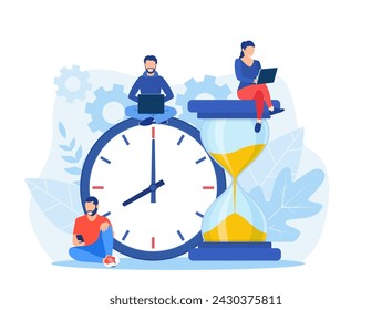 Gestión del tiempo y planificación empresarial. El tiempo es dinero. Plazo. Los empleados jóvenes trabajan cerca de la esfera de un reloj grande. Equipo que trabaja en conjunto con portátiles. Ilustración vectorial en estilo plano