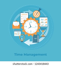 Time management and business planning, organization, working. Clock, notepad, calendar, clipboard, target, graphs, envelope, document, idea bulb. Business information background, banner. Vector