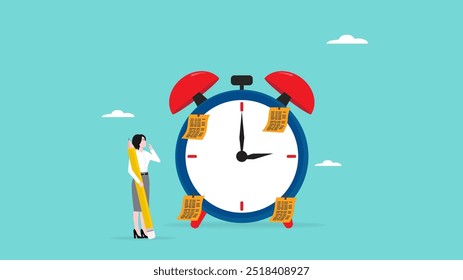 time management, business planning or strategy, planning for work effectiveness, activity schedule or workflow, businesswoman attaching a paper planner to a clock