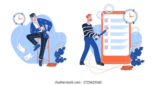 Time management and business planning, working schedule  and deadline time table set with people characters against clock and to do  checklist, flat cartoon vector illustration isolated.