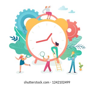 Time Management Business Process Optimization Concept. Business People Working around Alarm Clock. Characters Team Work. Vector illustration