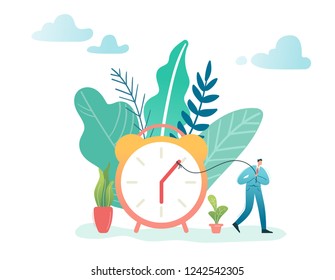 Time Management Business Process Optimization Concept. Businessman and Alarm Clock. Character productivity, efficiency, work rate. Vector illustration