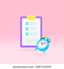 Time management business productivity efficient planning task complete 3d icon realistic vector illustration. Work process organization deadline success optimization to do list clipboard checkmark