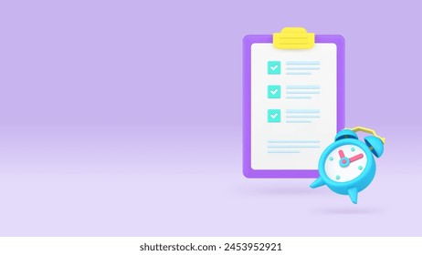 Time Management Business Productivity Efficient Planning Task Vollendet 3D-Icon realistische Vektorillustration. Erfolgsoptimierung der Arbeitsprozessorganisation für Deadline-Zwischenablage zur Ausführung eines Listenprüfungszeichens