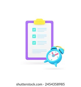 Time management business productivity efficient planning task complete 3d icon realistic vector illustration. Work process organization deadline success optimization to do list clipboard checkmark