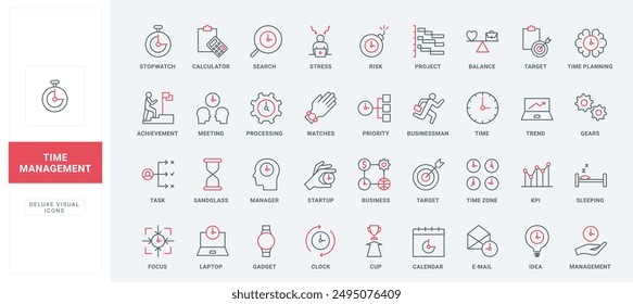 Time management, business project planning line icons set. Task processing priority, clock and calendar, mobile gadget to plan work life balance thin black and red outline symbols vector illustration