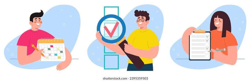 Time management and business scheduling illustration set. People characters successful completion of tasks or assignments. Follow work schedule concept. Organizing and adherence to calendar schedule.