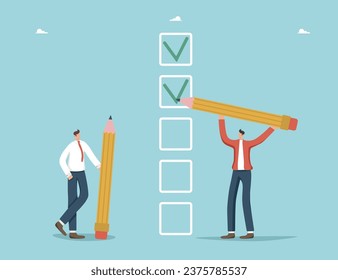 Time management and business scheduling, successful completion of tasks and assignments, questioning and voting, polling and testing, follow work schedule, choice concept, men with pencils tick icons.