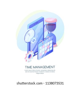 Time management, business strategy, planning concept. Vector 3d isometric illustration of schedule mobile app.
