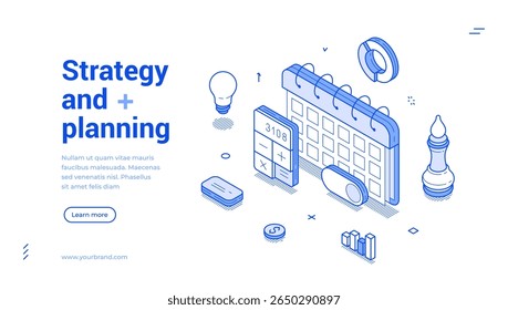 Gerenciamento de tempo estratégia de negócios planejamento esboço isométrico web banner design modelo vetor ilustração. Página inicial de contabilidade de marketing de desenvolvimento de produtividade de eficiência comercial financeira