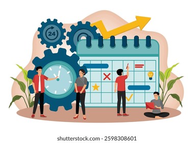 Time Management and Business Strategy. Saving working time to reduce costs, Prioritization, Scheduling, Eliminating Time Wasters, Use of Technology and Automation. Flat vector modern illustration 
