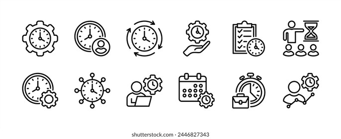 Time management business thin line icon set. Containing schedule, deadline, clock, timer, hourglass, efficiency, timekeeper, list target productivity working gear settings. Vector illustration