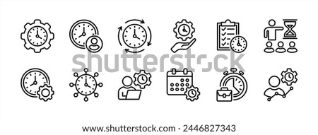 Time management business thin line icon set. Containing schedule, deadline, clock, timer, hourglass, efficiency, timekeeper, list target productivity working gear settings. Vector illustration