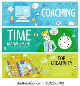 Time management business web banner for blog or website header with various business and office icons and badges. Hand-drawn cartoon. Vector illustration, blackboard marker sketch style 