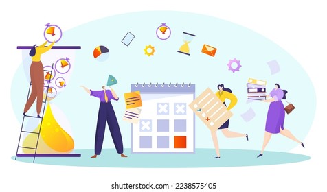 Time management for business work concept, vector illustration, flat tiny man woman character near office shedule, girl fulling houreglass with clock