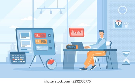 Time management. Business workflow planning and organization. Online task manager. Personal productivity. Flat cartoon vector illustration with people characters for banner, website design or landing