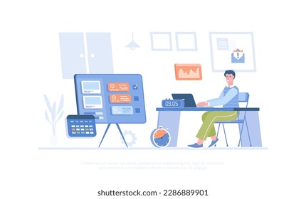 Time management. Business workflow planning and organization. Online task manager. Personal productivity. Cartoon modern flat vector illustration for banner, website design, landing page.