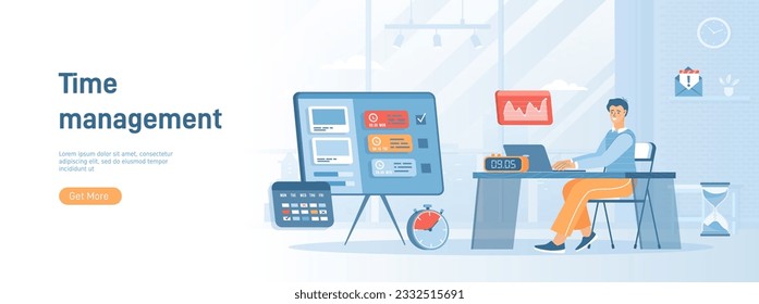 Time management. Business workflow planning and organization. Online task manager. Flat concept great for social media promotional material. Website banner on white background.	
