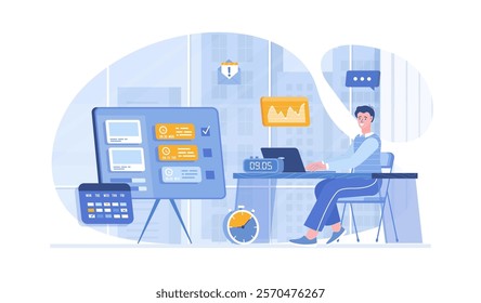 Time management. Business workflow planning and organization. Online task manager. Personal productivity. Vector illustration with characters in flat design for web banner.	
