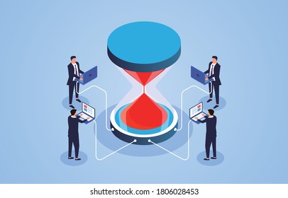 Time management, businessman computer connected to hourglass for work