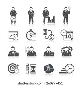 Time management businessman day activity planning strategy black icons set with calendar hourglass abstract isolated vector illustration