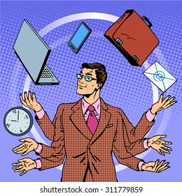 Time management businessman gadgets business concept. Retro style pop art. A man juggles many hands gadgets. Computer technology